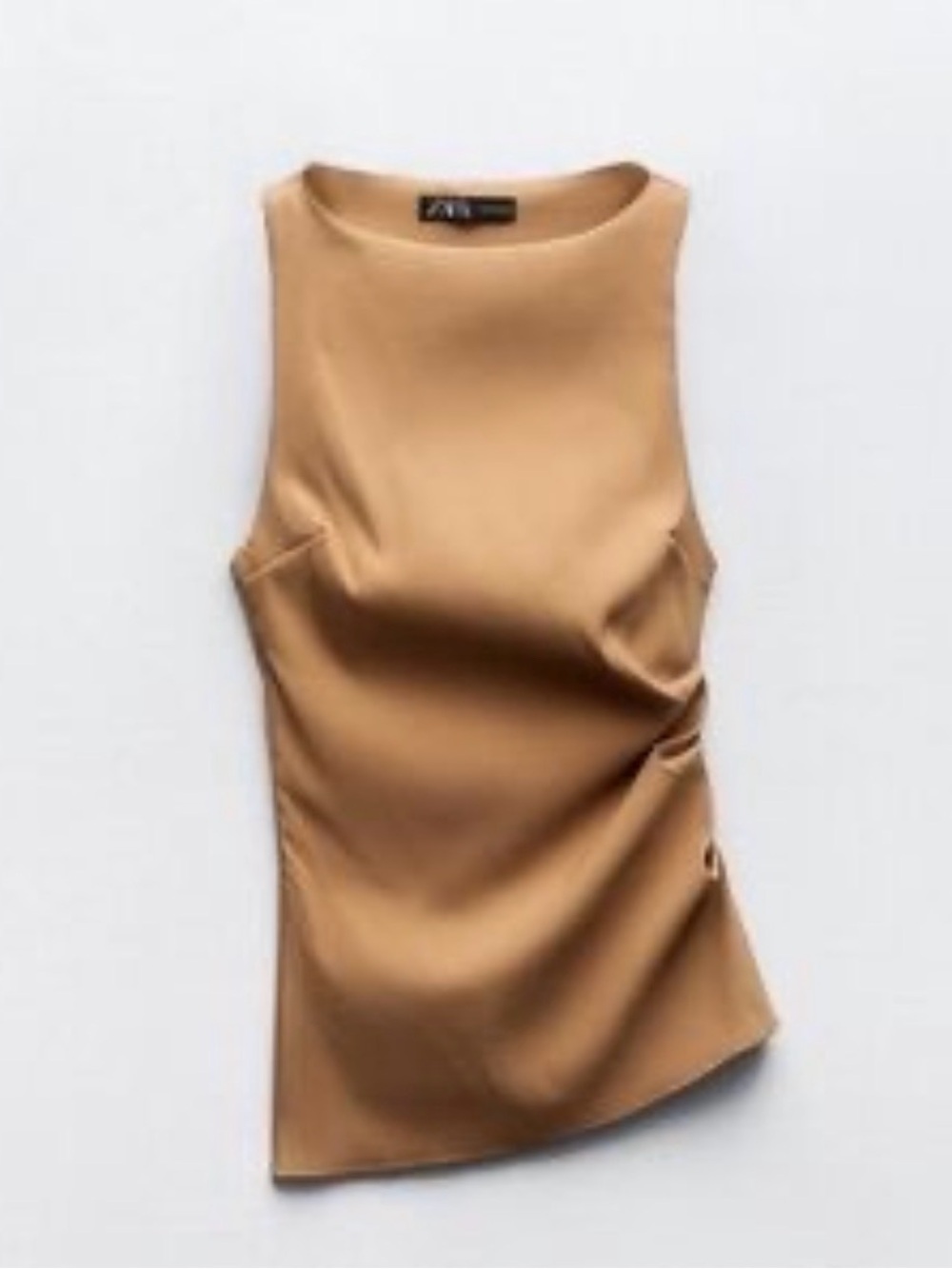 ZARA camel tan ruched side sleeveless tank top tunic drape asymmetrical fall